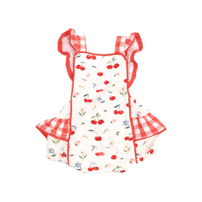 Watercolor Cherries + Gingham Ric-rac Ruffle Sunsuit