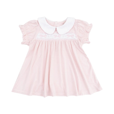 Solid Classic Pink Smocked Peterpan Collar Dress +ruffle Leg Bloomer