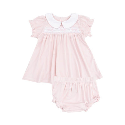 Solid Classic Pink Smocked Peterpan Collar Dress +ruffle Leg Bloomer