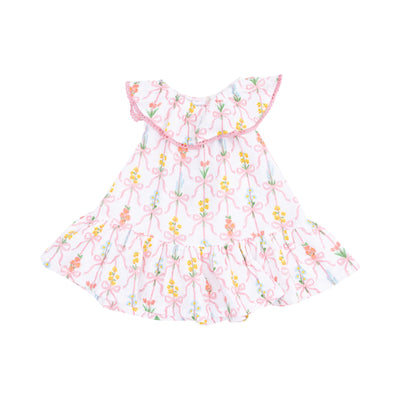 Ribbon Bouquets Circle Neck Ruffle Dress