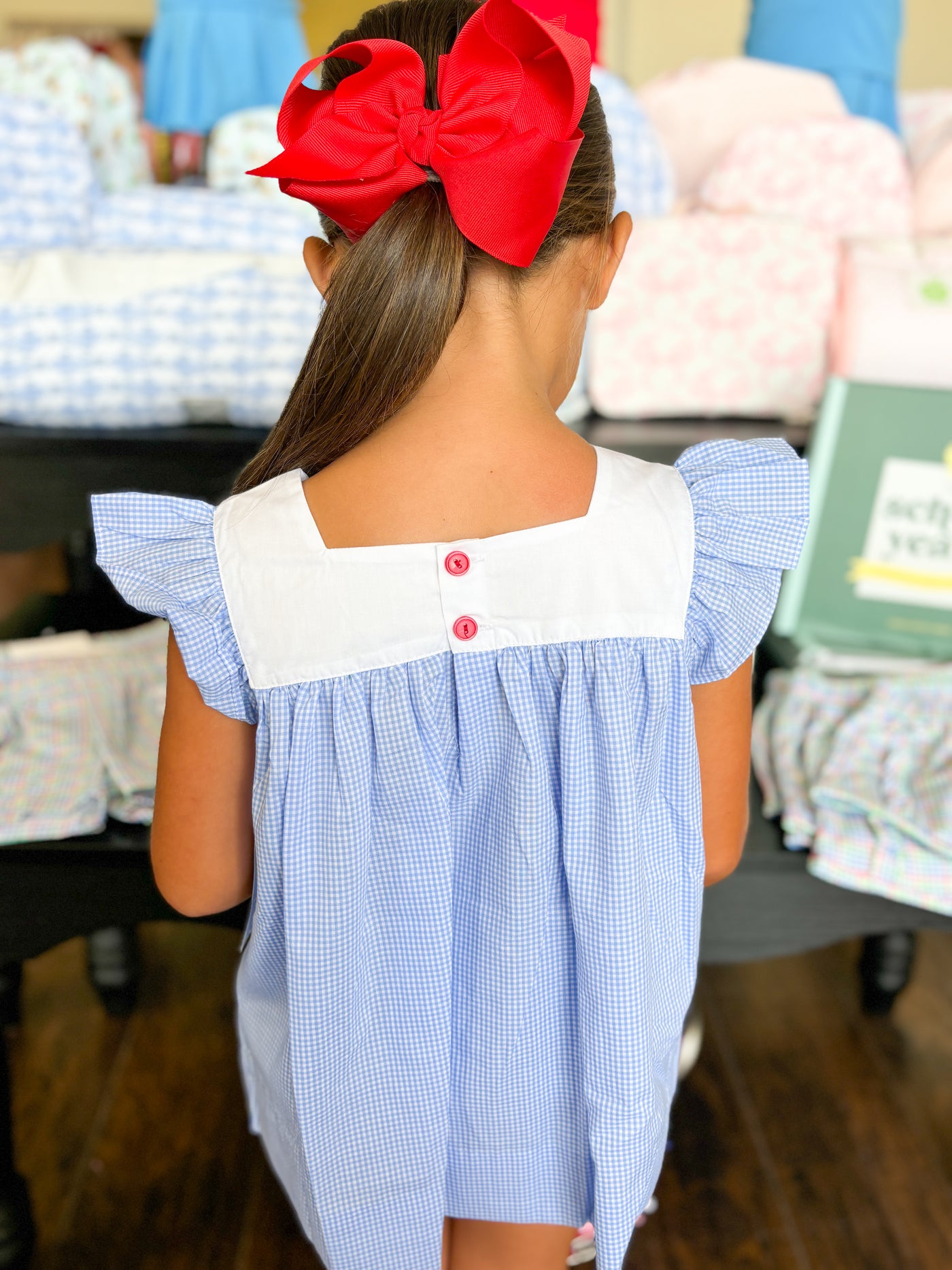 Girls Blue Gingham Bloomer Set with Apple Embroidery