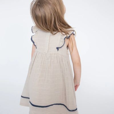 ANGEL DEAR OATMEAL SOLID MUSLIN RUFFLE DRESS WITH TRIM