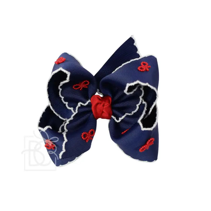 Navy/ White w/ Red Pearl Crochet Edge Bow with Pearl Embellished 5.5 Inch Bows