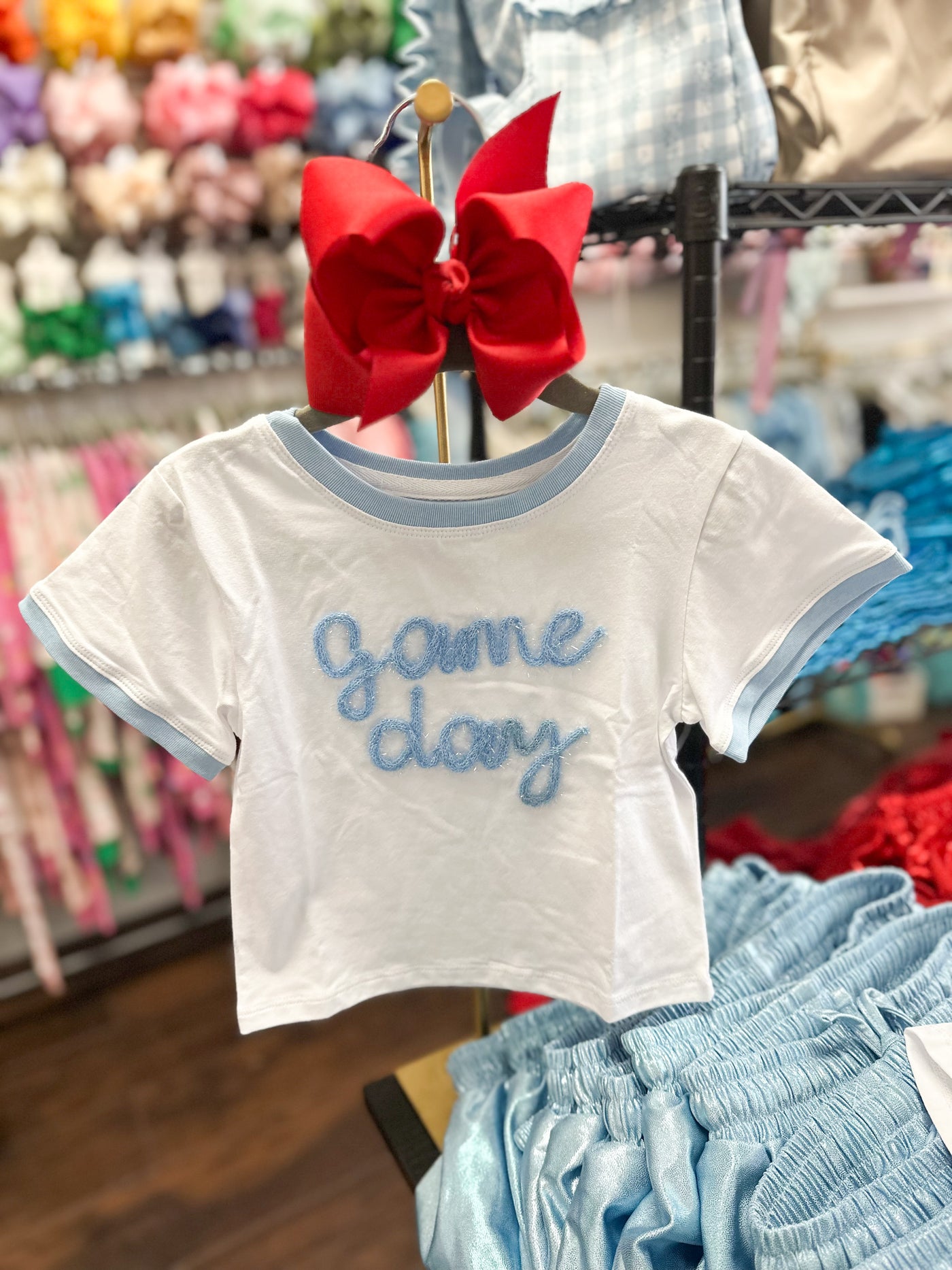 Tinsel Game Day Ringer Boxy T' Light Blue