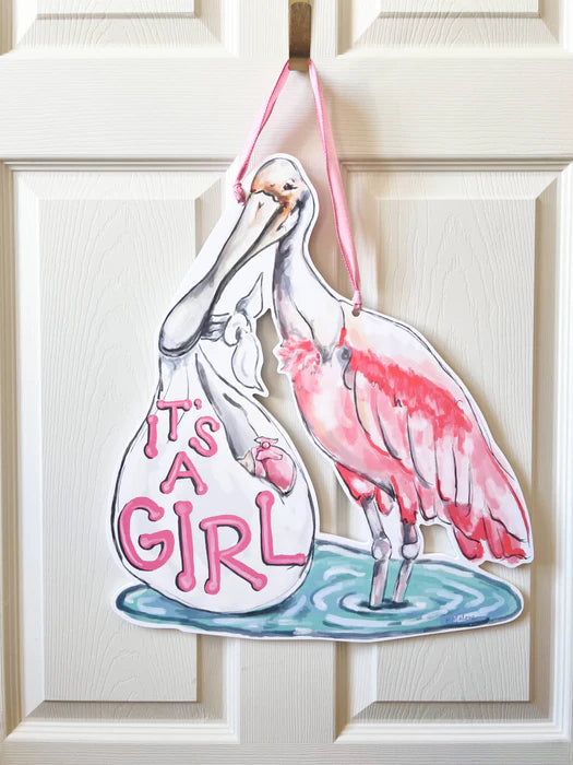 It's A Girl Spoonbill Door Hanger