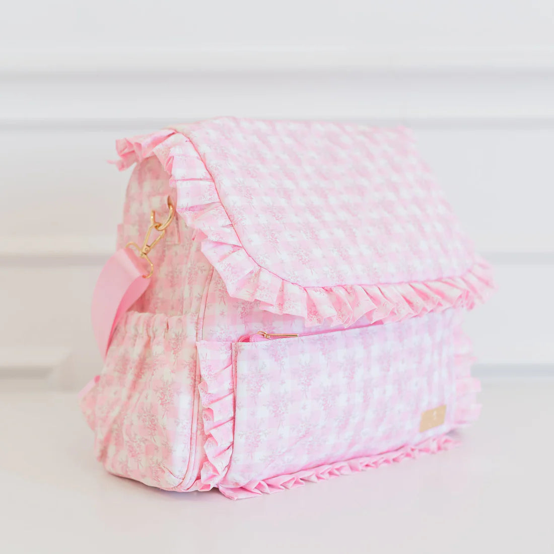 Pink Floral Ruffled Nylon Diaper Bag