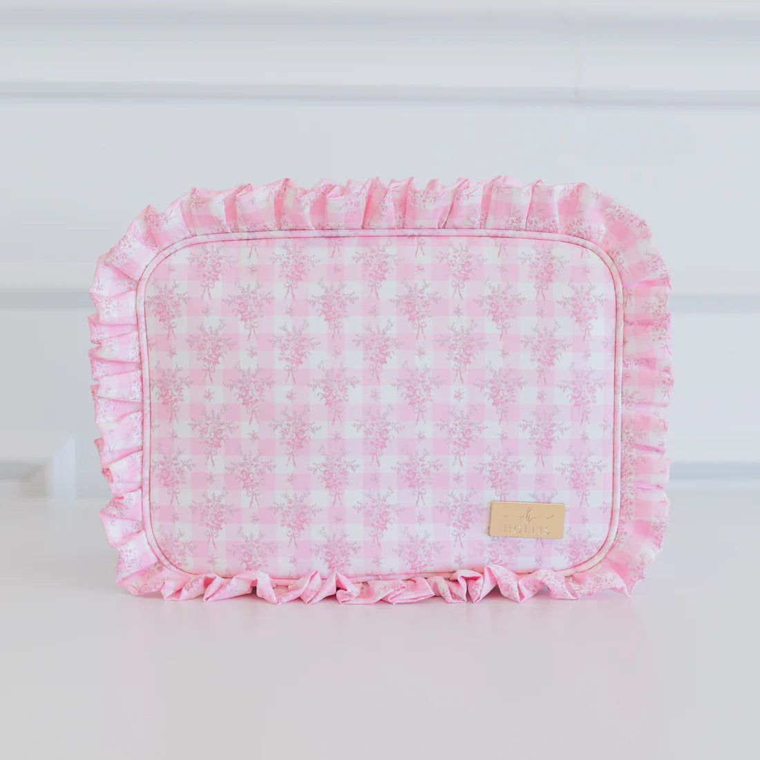 Pink Floral Ruffled Nylon XL Pouch