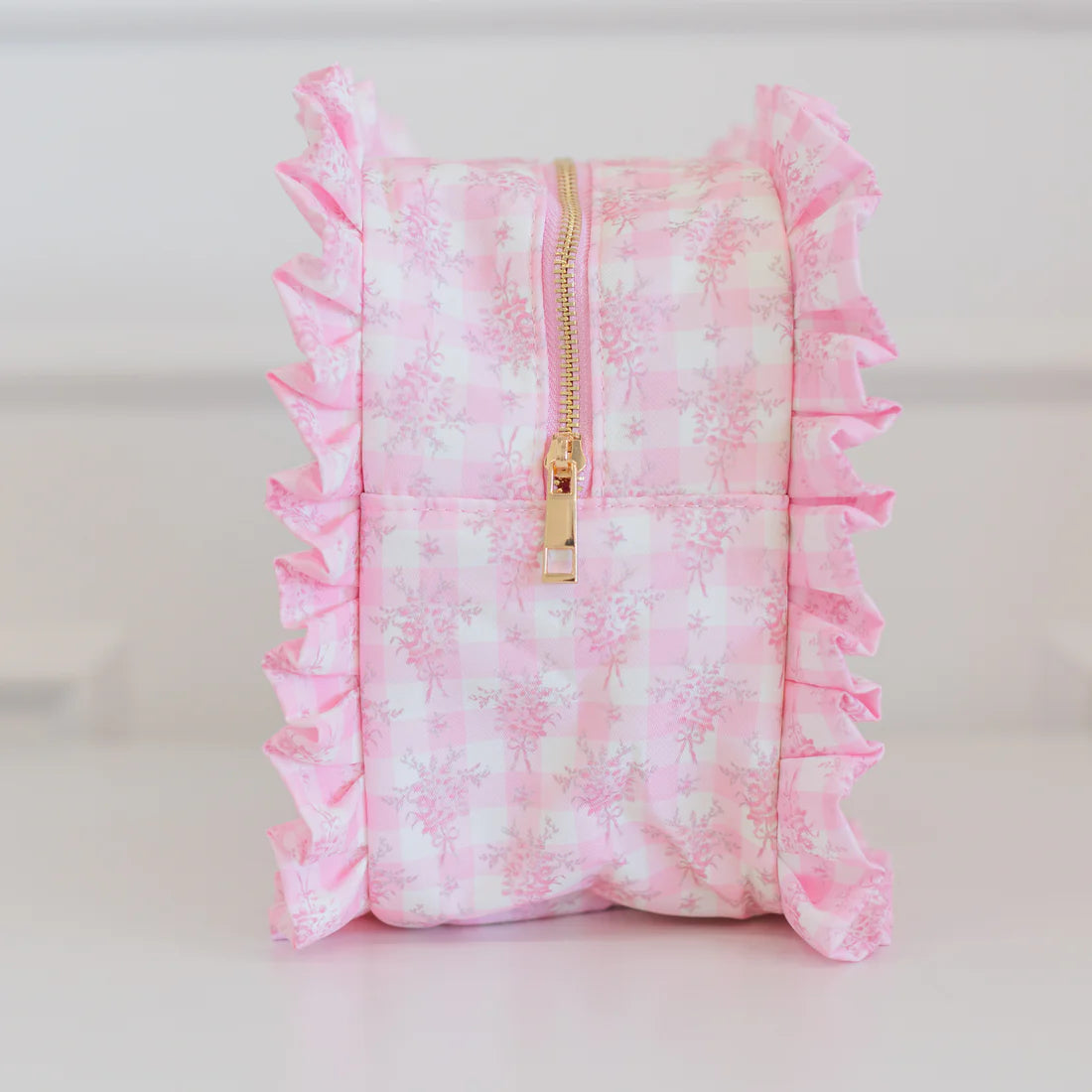 Pink Floral Ruffled Nylon XL Pouch