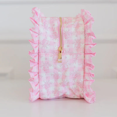 Pink Floral Ruffled Nylon XL Pouch
