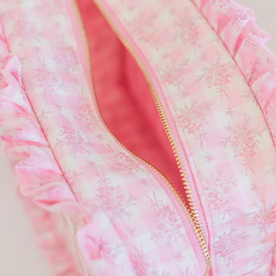 Pink Floral Ruffled Nylon XL Pouch