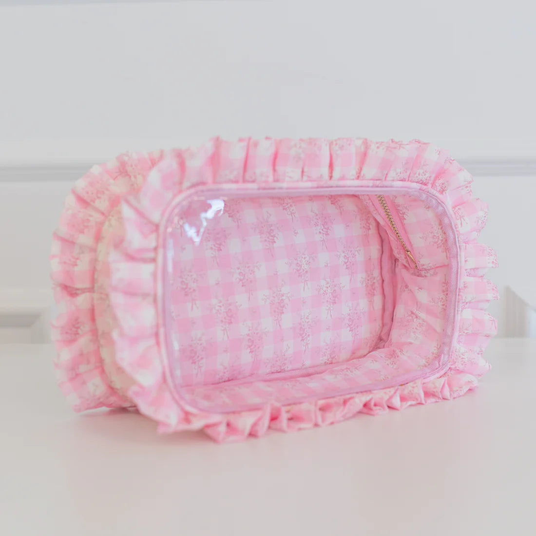 Pink Floral Ruffled Nylon Large Clear Pouch