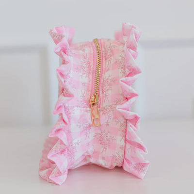 Pink Floral Ruffled Nylon Large Clear Pouch