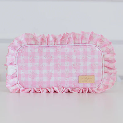 Pink Floral Ruffled Nylon Medium Pouch