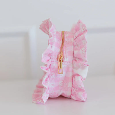 Pink Floral Ruffled Nylon Medium Pouch