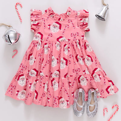 Girls Jennifer Dress Pink Candy Cane Santa