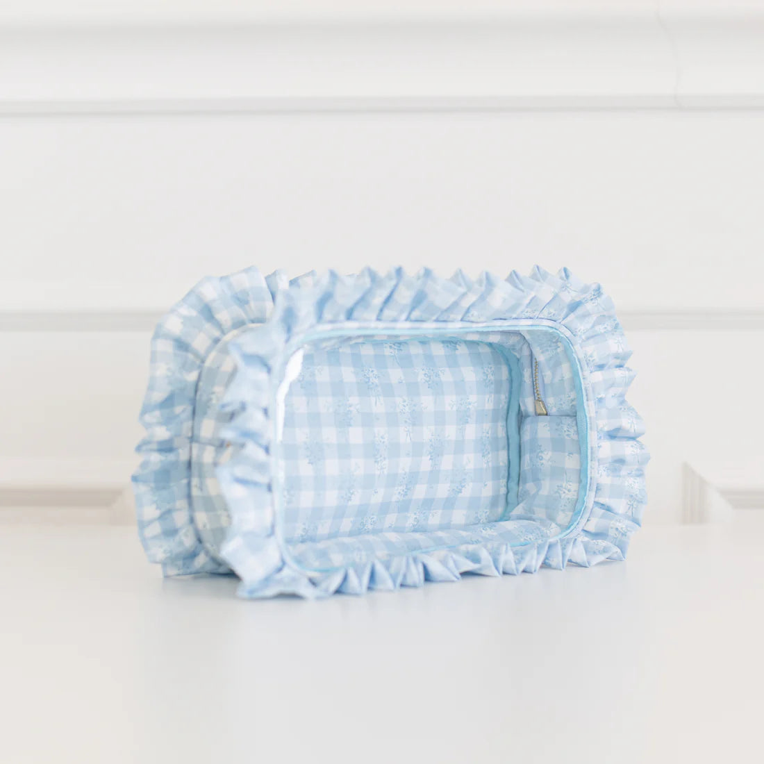 Blue Floral Ruffled Nylon Large Clear Pouch