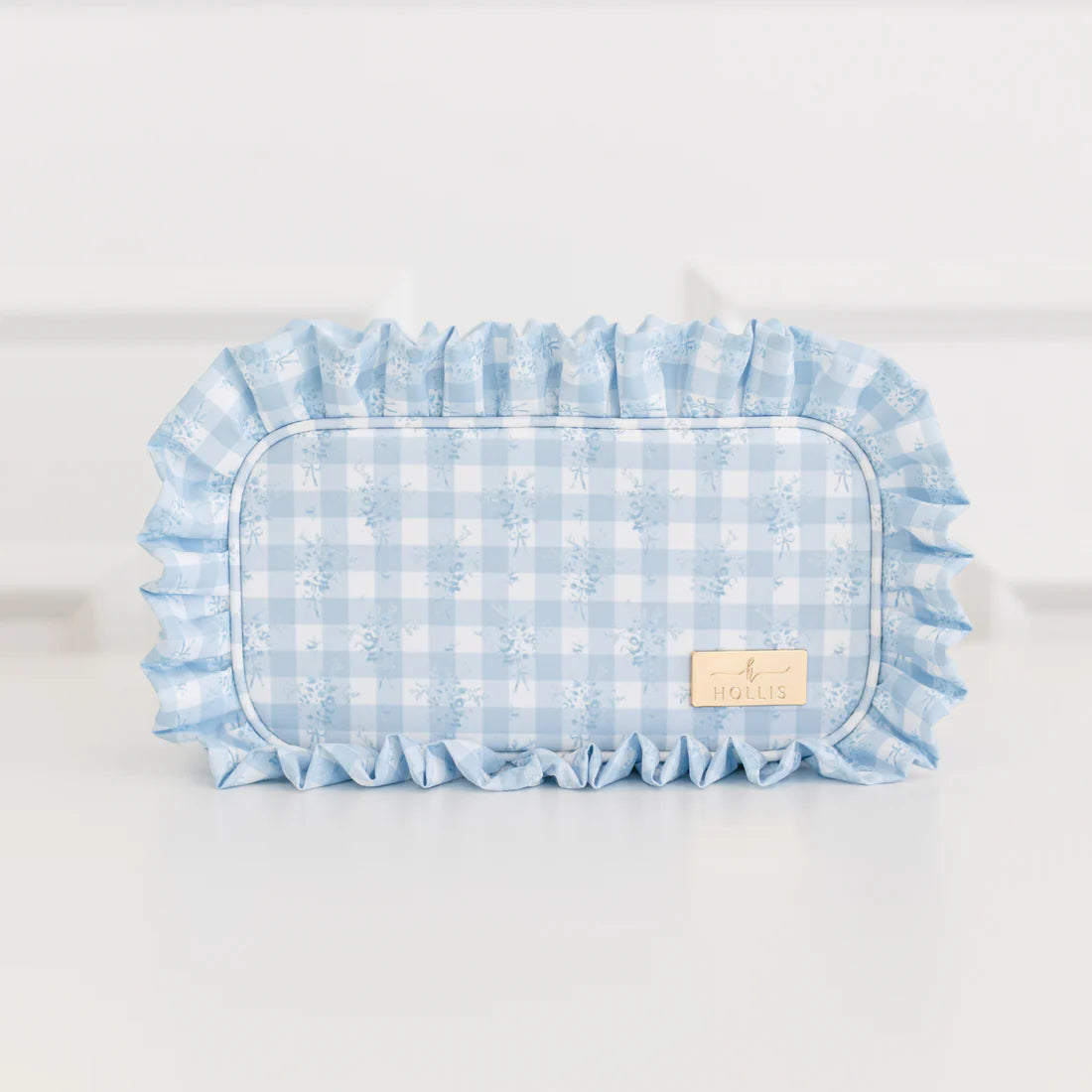 Blue Floral Ruffled Nylon Medium Pouch