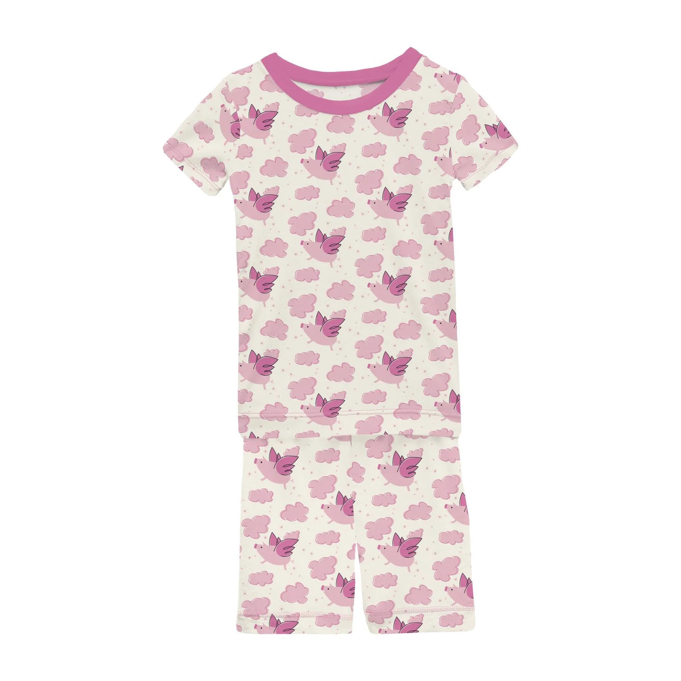 Print Short Sleeve Pajama Set with Shorts in Natural Flying Pigs