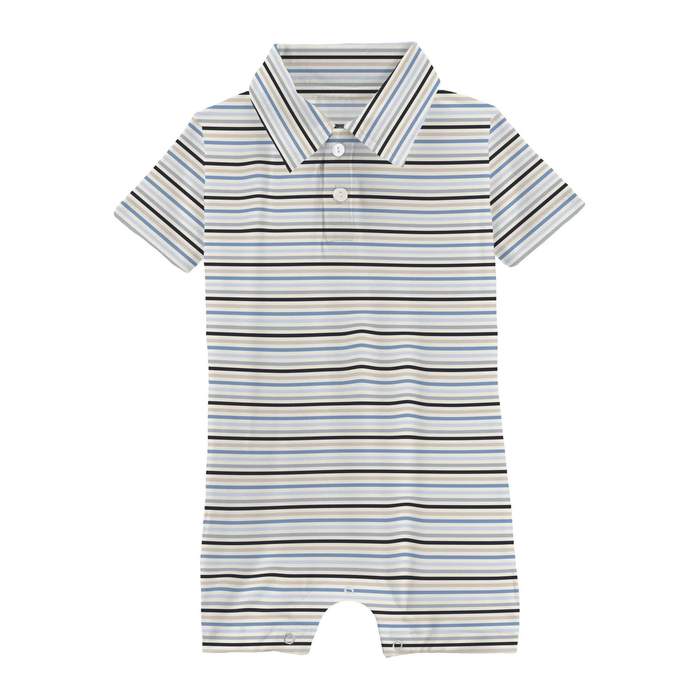 Print Short Sleeve Polo Romper in Rhyme Stripe