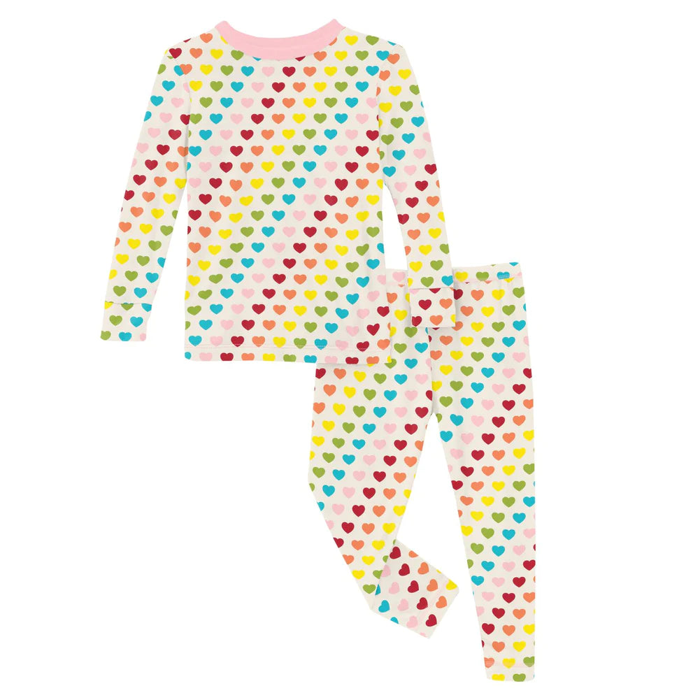 Print Long Sleeve Pajama Set in Rainbow Hearts