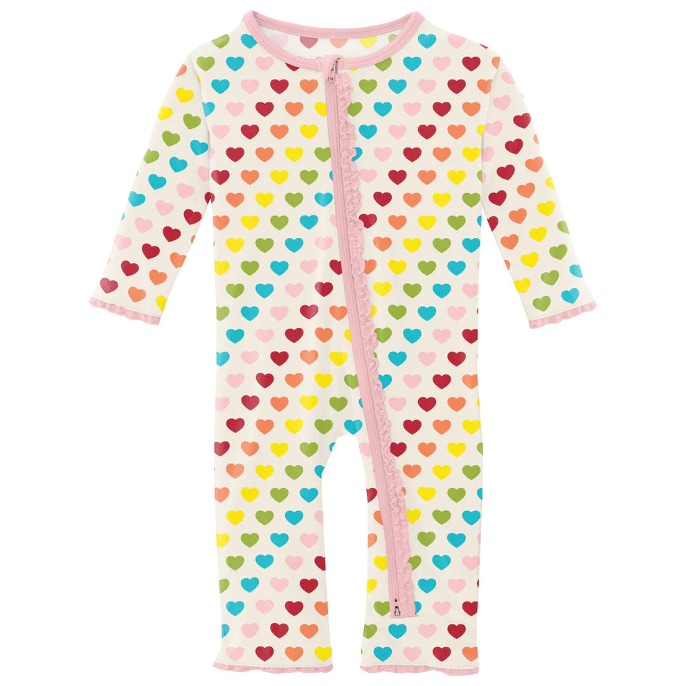 Print Muffin Ruffle Coverall with 2 Way Zipper in Rainbow Hearts