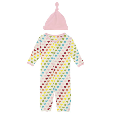 Print Layette Gown Converter & Single Knot Hat Set in Rainbow Hearts