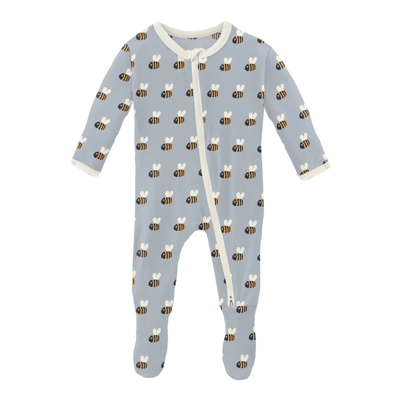 Print Footie with 2 Way Zipper in Pearl Blue Baby Bumblebee