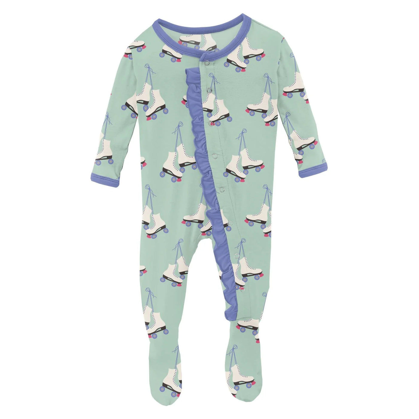 Print Classic Ruffle Footie with Snaps in Pistachio Roller Skates