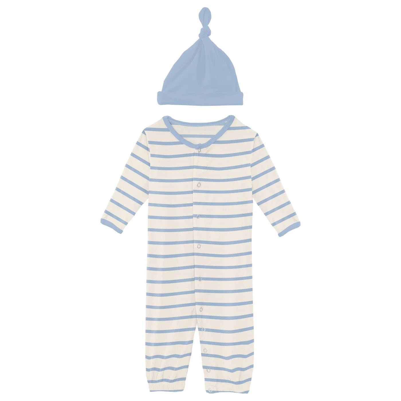 Print Layette Gown Converter & Single Knot Hat Set in Pond Sweet Stripe