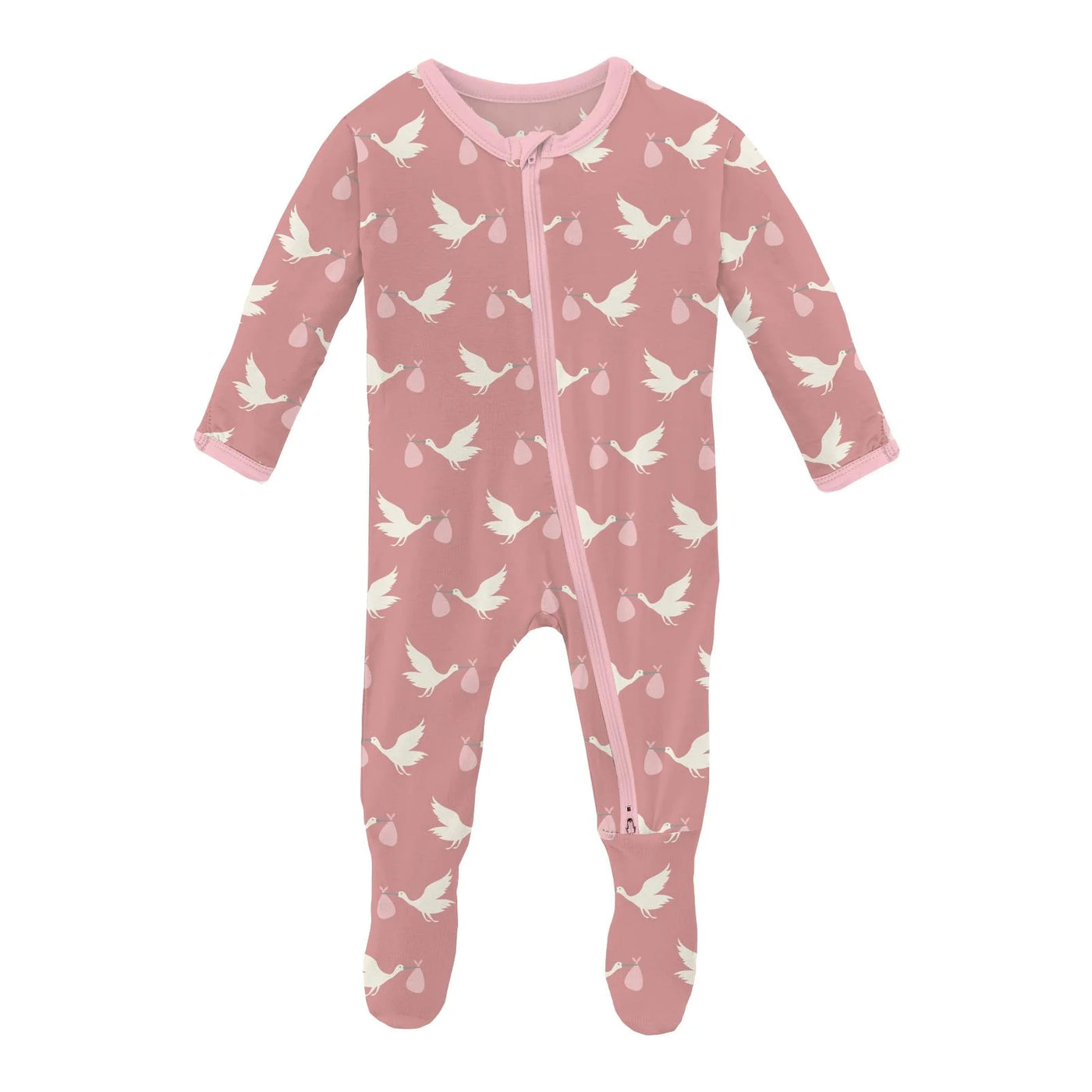 Print Footie with 2 Way Zipper in Blush Stork