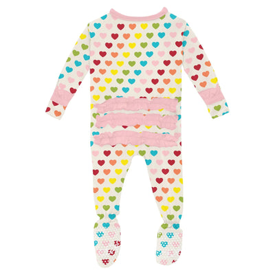 Print Classic Ruffle Footie with 2 Way Zipper in Rainbow Hearts