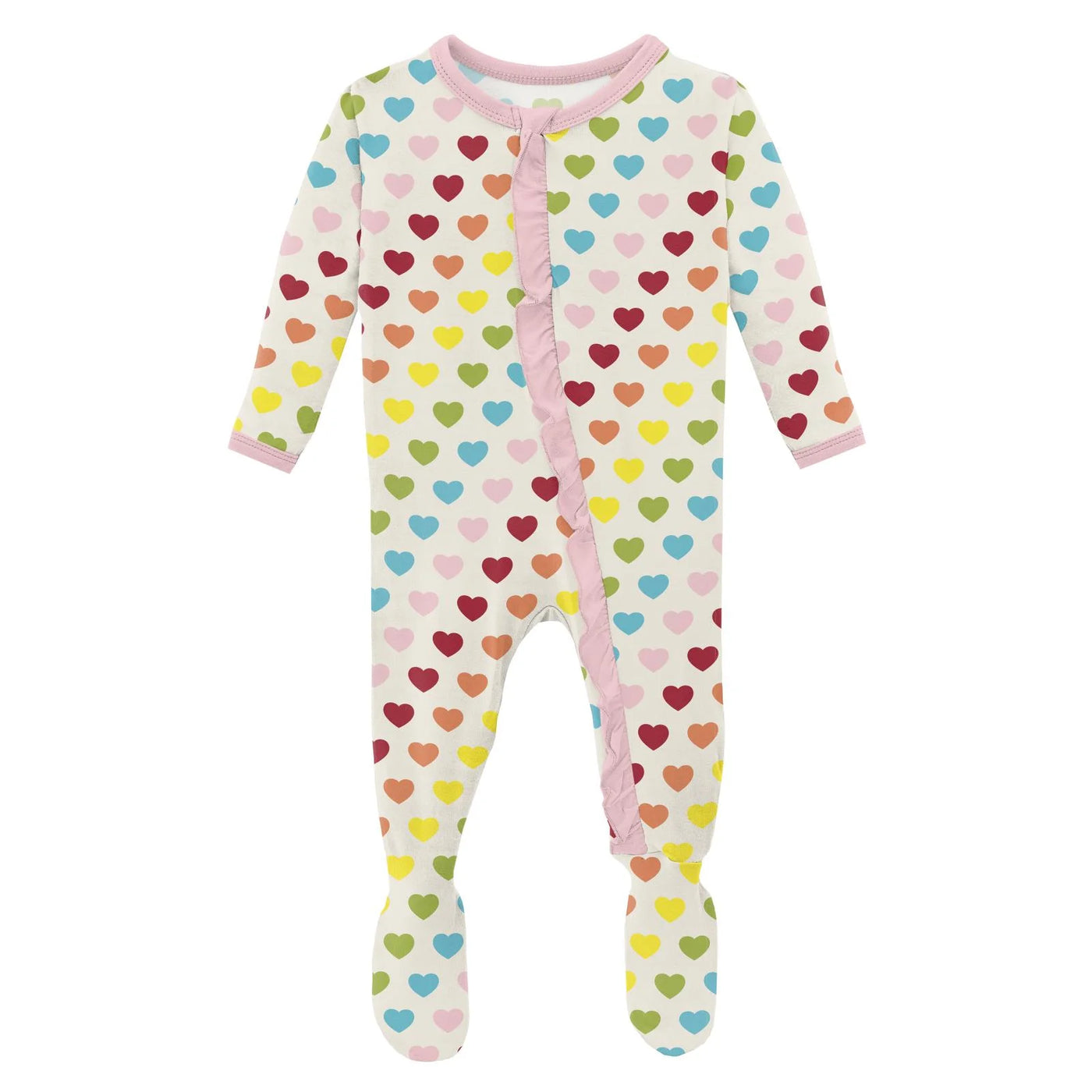 Print Classic Ruffle Footie with 2 Way Zipper in Rainbow Hearts