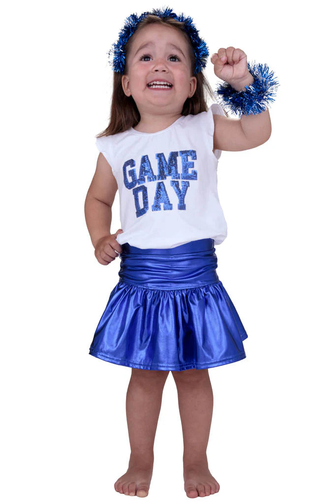 Sequin Game Day Royal on White Ruffle Sleeve