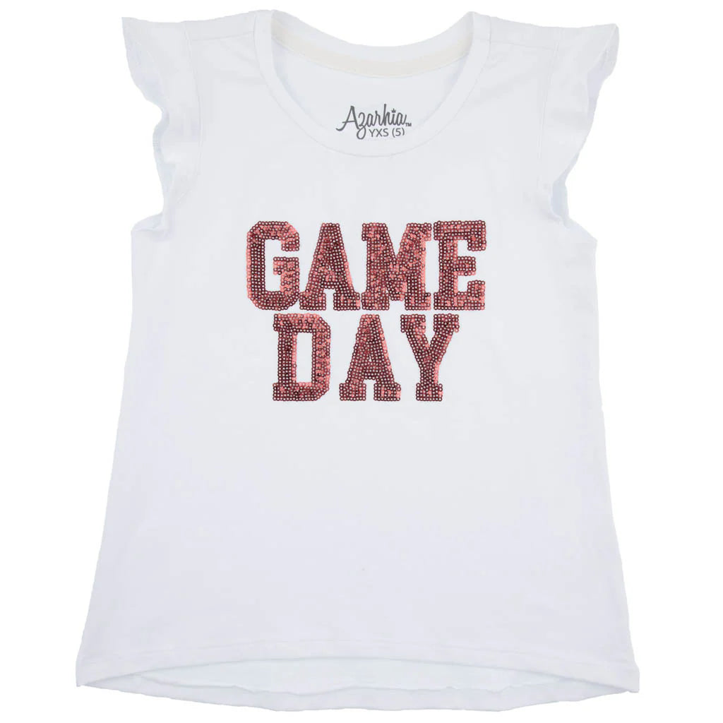 Sequin Game Day Maroon on White Ruffle Sleeve