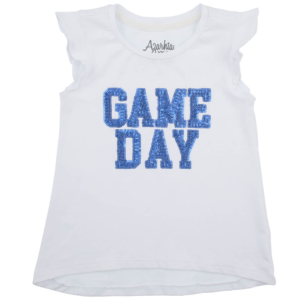 Sequin Game Day Royal on White Ruffle Sleeve