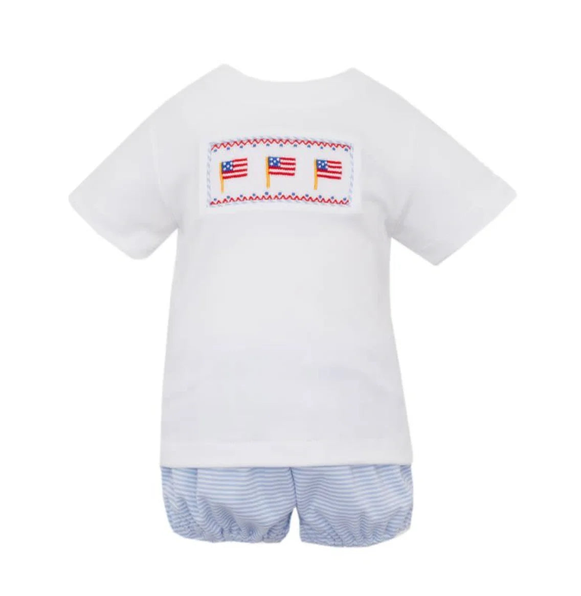 Flags Smocked Blue Stripe Knit Shorts Set (Straight Shorts 2T+)