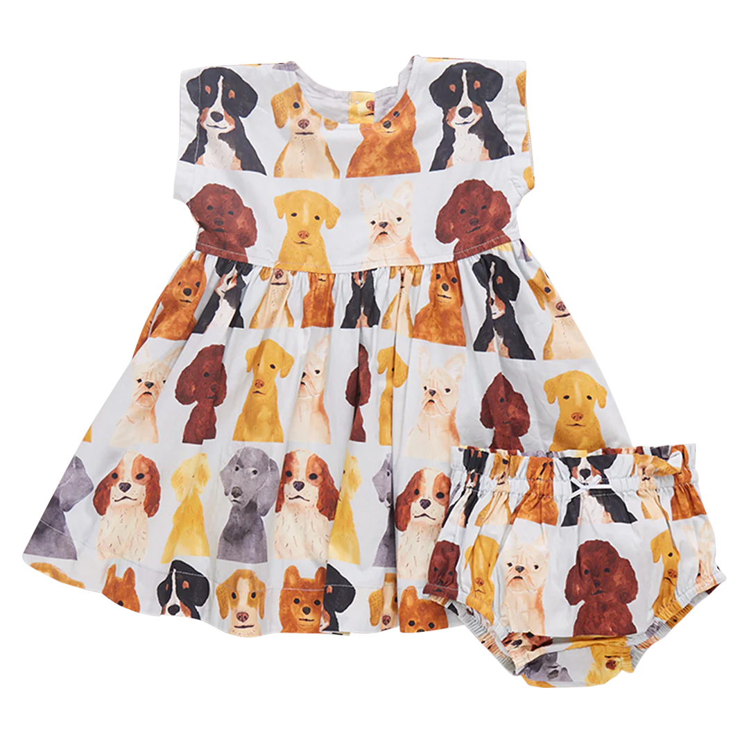 Baby Girls Adaline Dress Set - Light Blue Watercolor Dogs