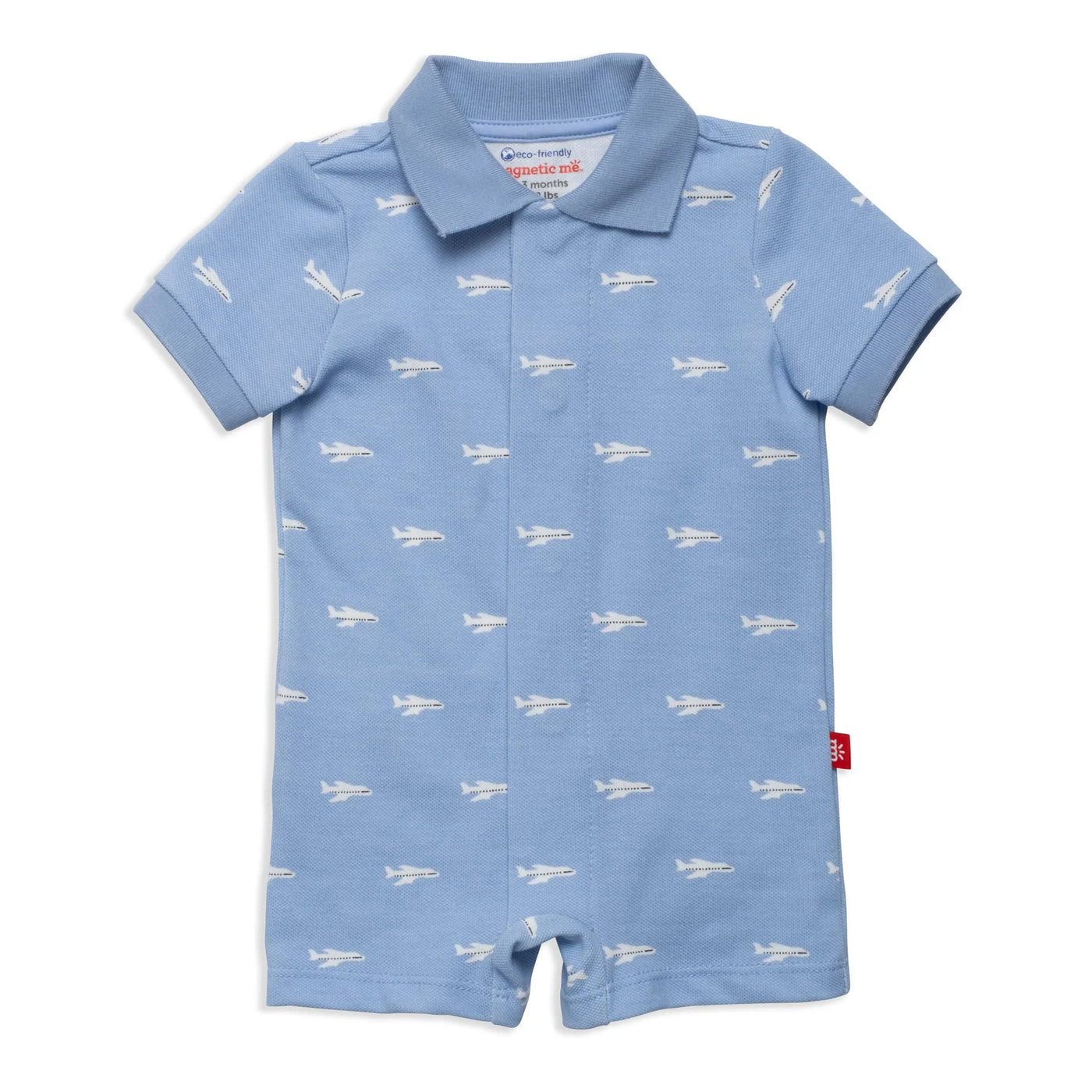 Schiffli Pique Organic Cotton Magnetic Short Sleeve Romper - Airplane