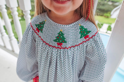 Smocked Bitty Dot Trees Bishop Dress