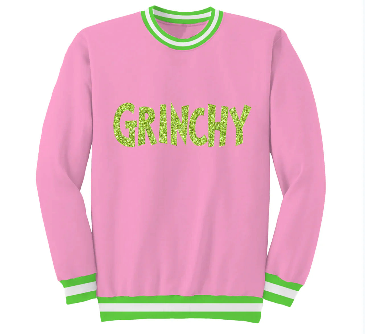 Grinchy in Sequin on Pink Crew Sweatshirt