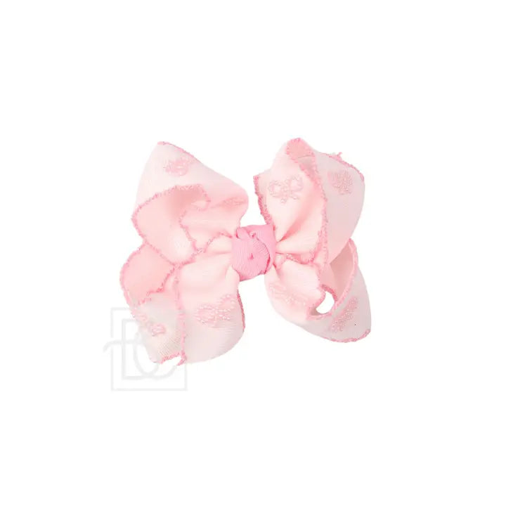 Powder Pink/ Pink w/ Light Pink Pearl Crochet Edge Bow with Pearl Embellished 5.5 Inch Bows