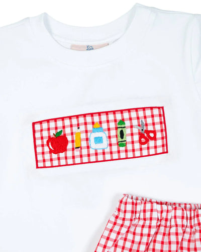 School Supplies Red Windowpane Shorts Set