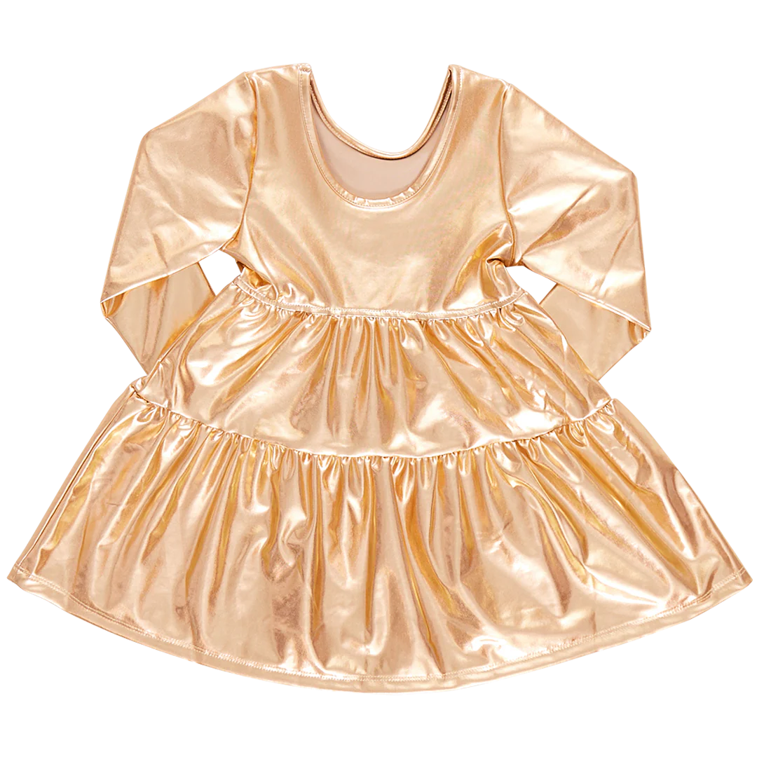 Girls Lame Polly Dress - Gold