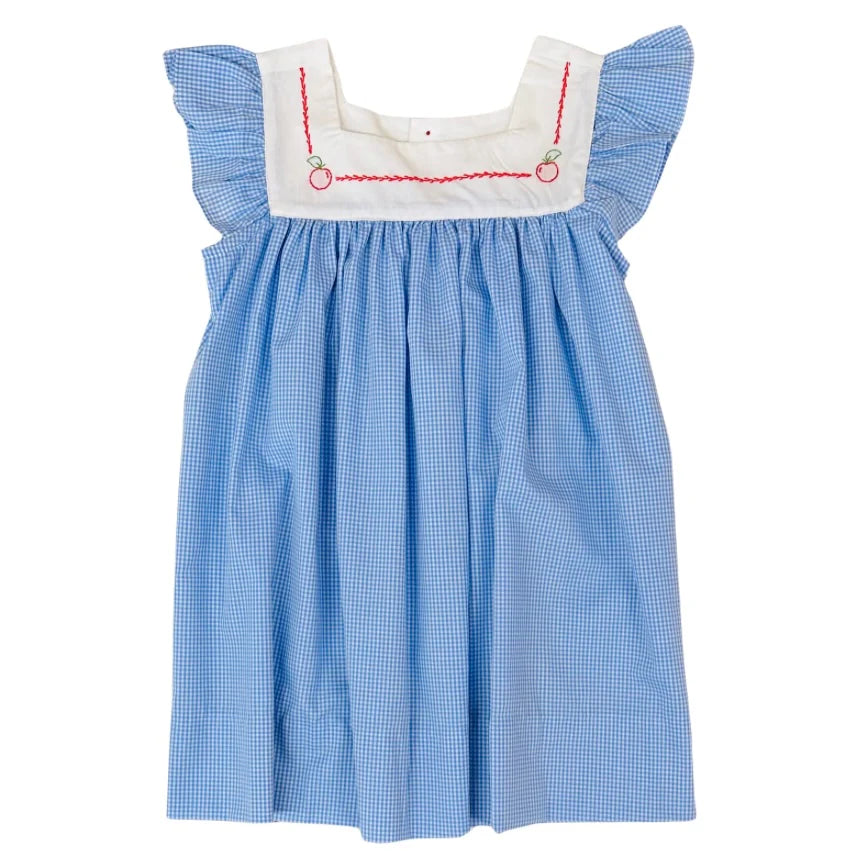 Girls Blue Gingham Dress with Apple Embroidery