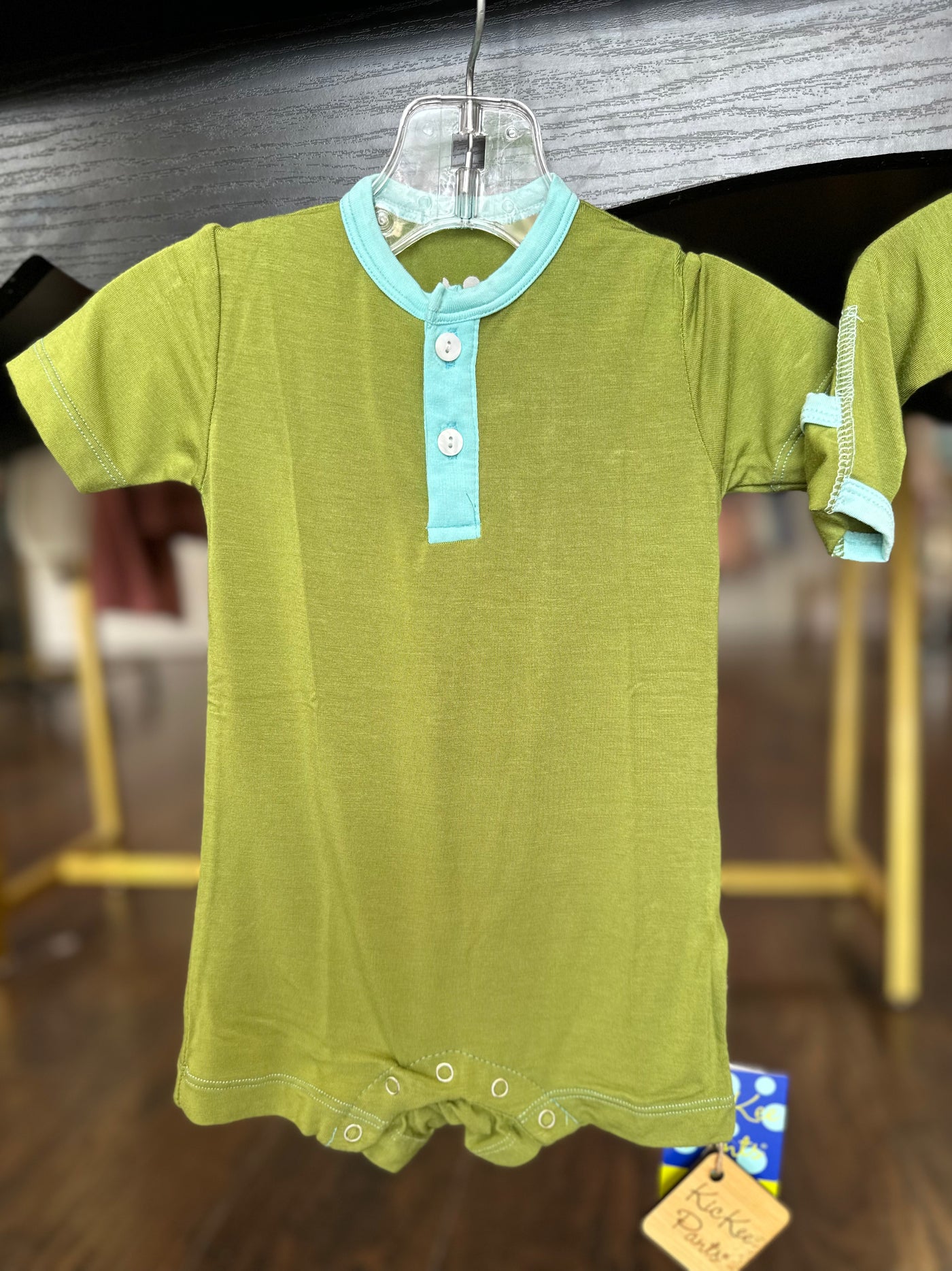 Short Sleeve Henley Romper in Grasshopper with Summer Sky