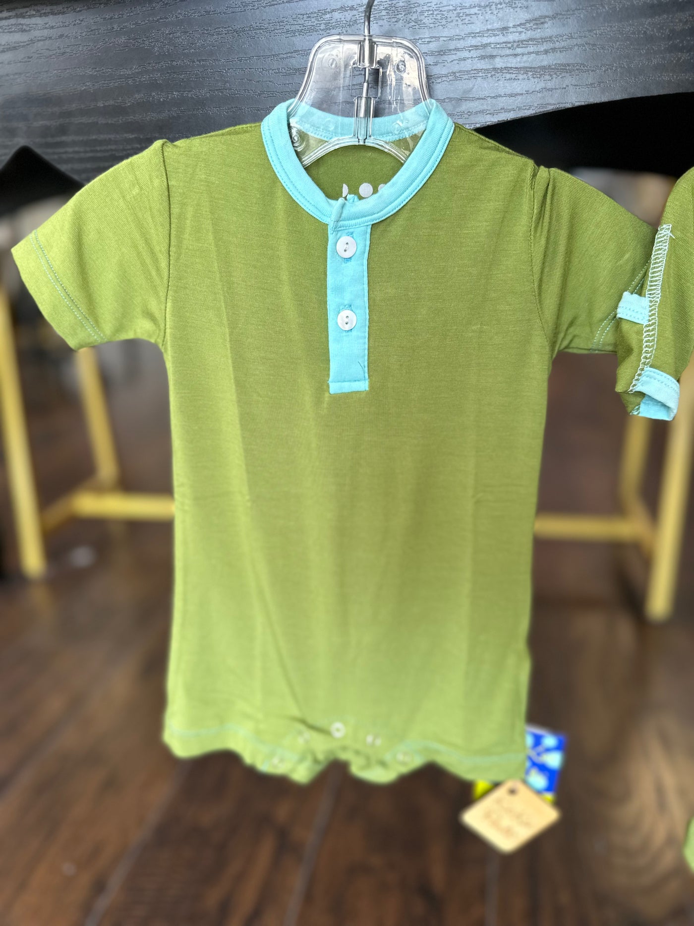 Short Sleeve Henley Romper in Grasshopper with Summer Sky
