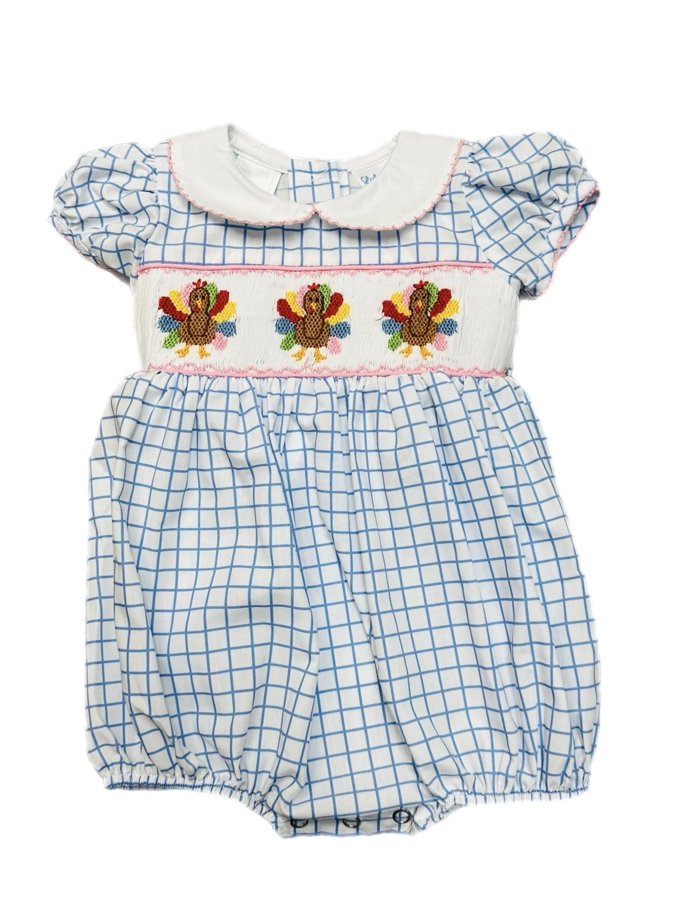 Lulu Bebe Turkey Blue Check Girl Smocked Waist Bubble