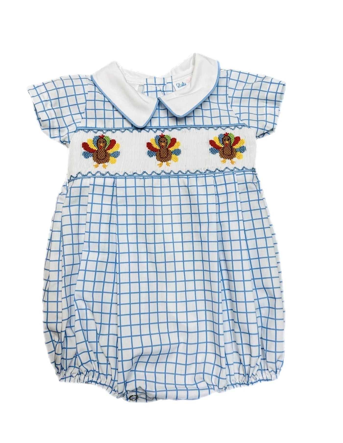 Lulu Bebe Turkey Blue Check Smocked Boy Bubble