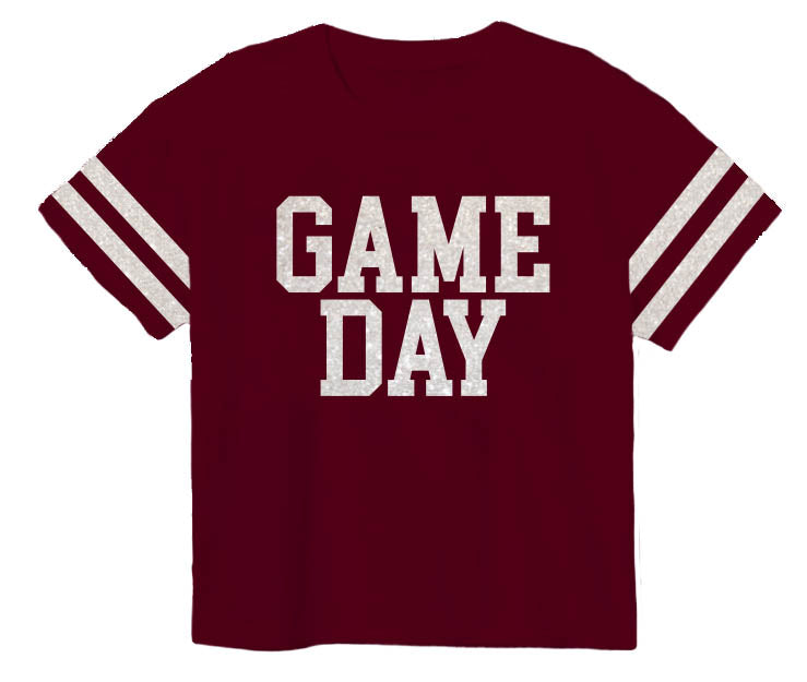 GAME DAY Glitter Boxy T - Maroon Shirt White Glitter