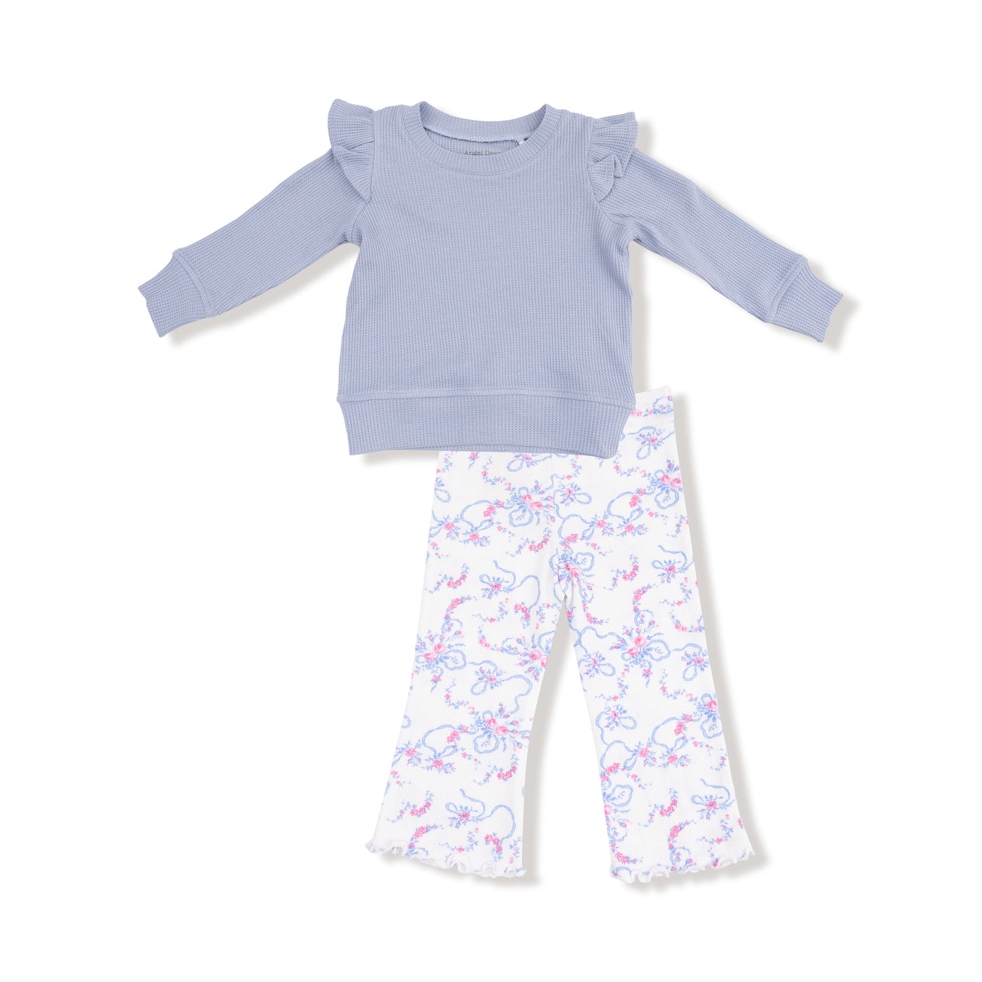 Ribbon Floral Fling - Ruffle Shoulder Waffle Shirt And Ribbed Flare Pant